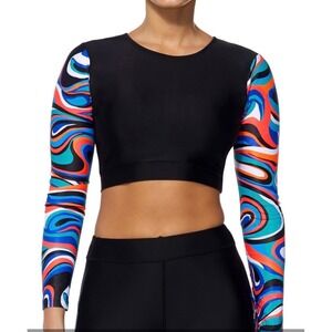Reebok Womens Cropped Long Sleeve Rashguard Black Swirl Print Swim Top Size L